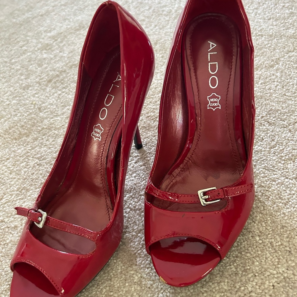 Aldo Glossy Red Peep-Toe Heels